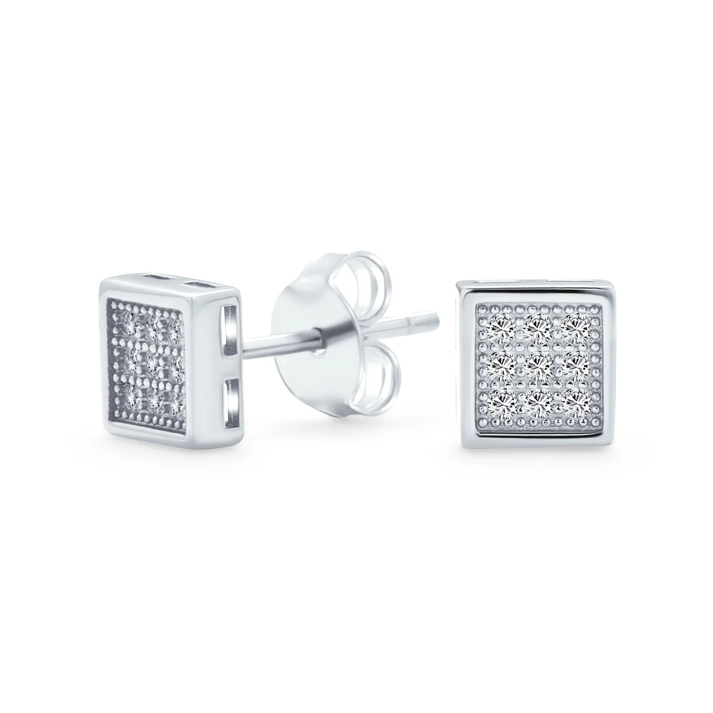 Mens Hip Hop Square CZ Stud Earrings for Men, Sterling Silver, 5-7 MM