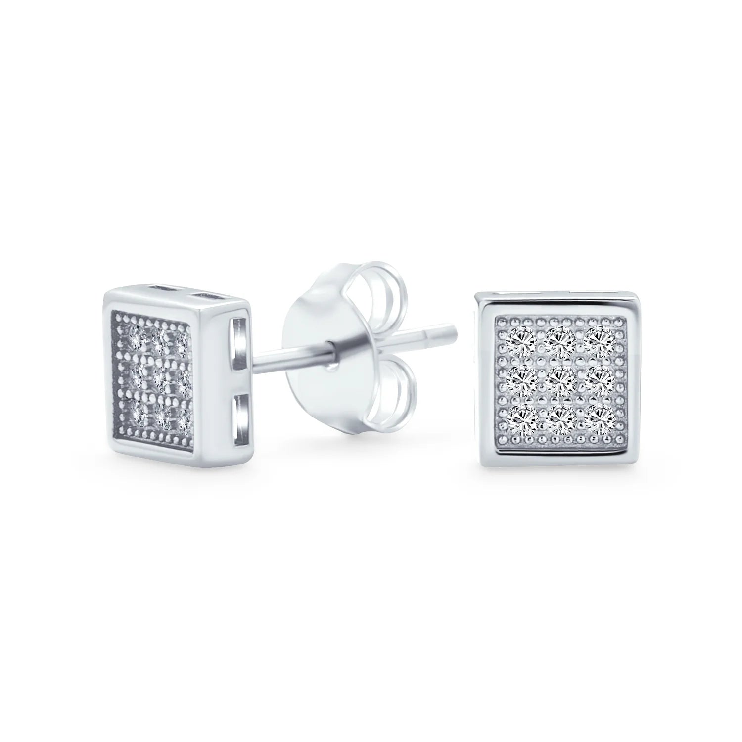 Mens Hip Hop Square CZ Stud Earrings for Men, Sterling Silver, 5-7 MM