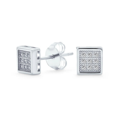 Mens Hip Hop Square CZ Stud Earrings for Men, Sterling Silver, 5-7 MM