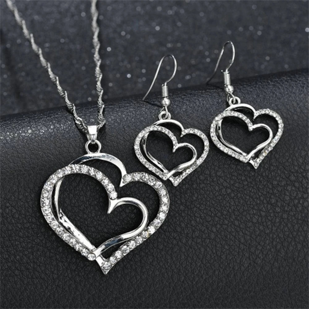 Double Heart Necklace Earrings Bracelet Jewellery Set