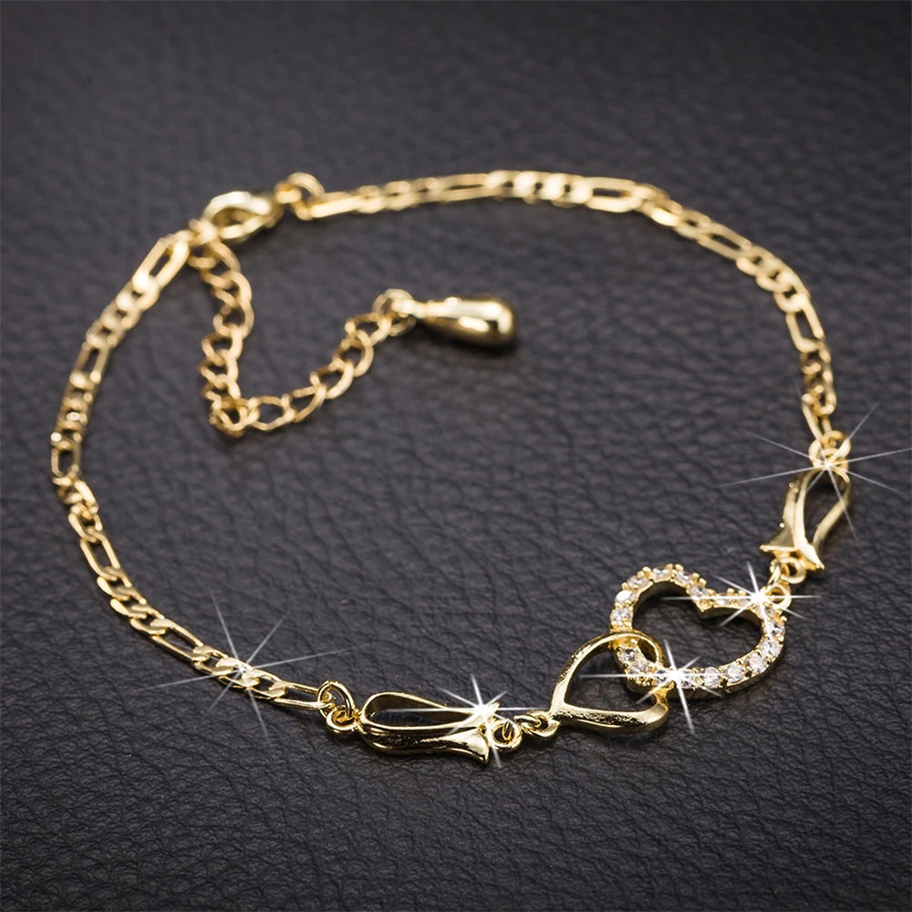 Double Heart Necklace Earrings Bracelet Jewellery Set