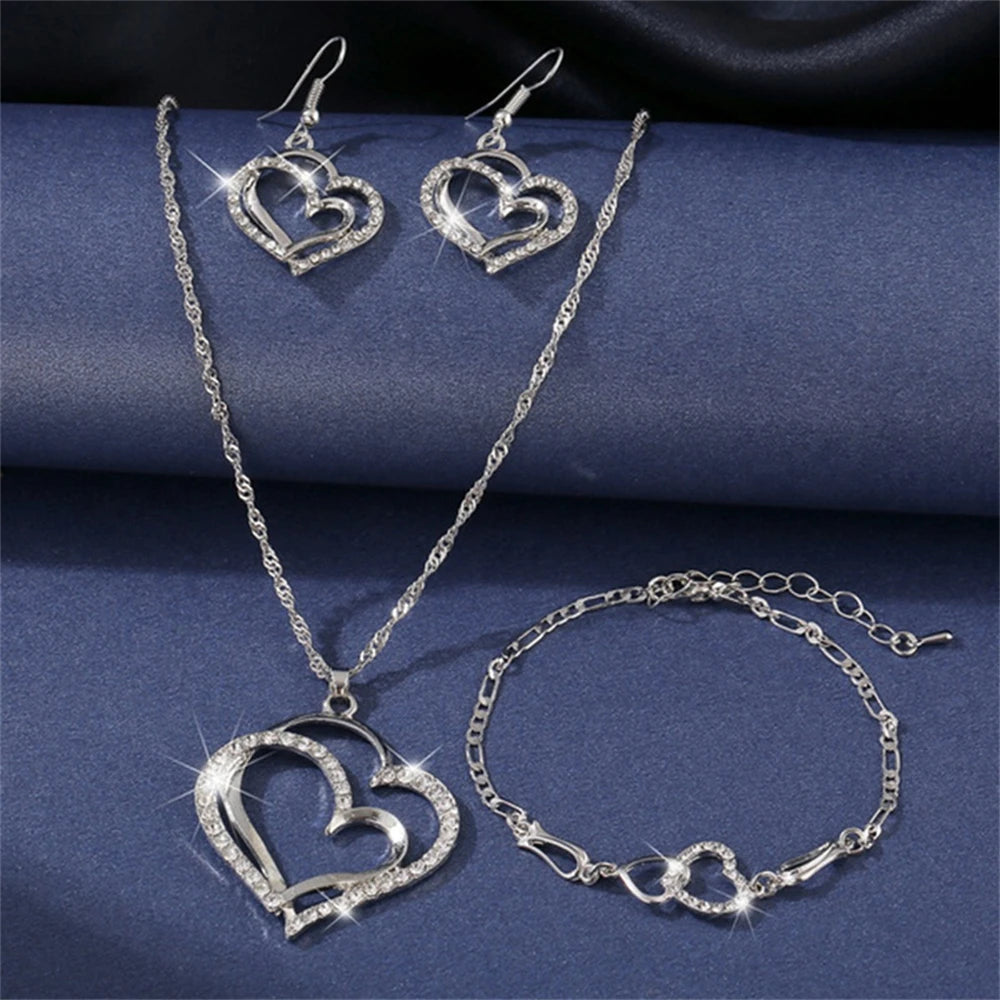 Double Heart Necklace Earrings Bracelet Jewellery Set