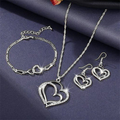 Double Heart Necklace Earrings Bracelet Jewellery Set
