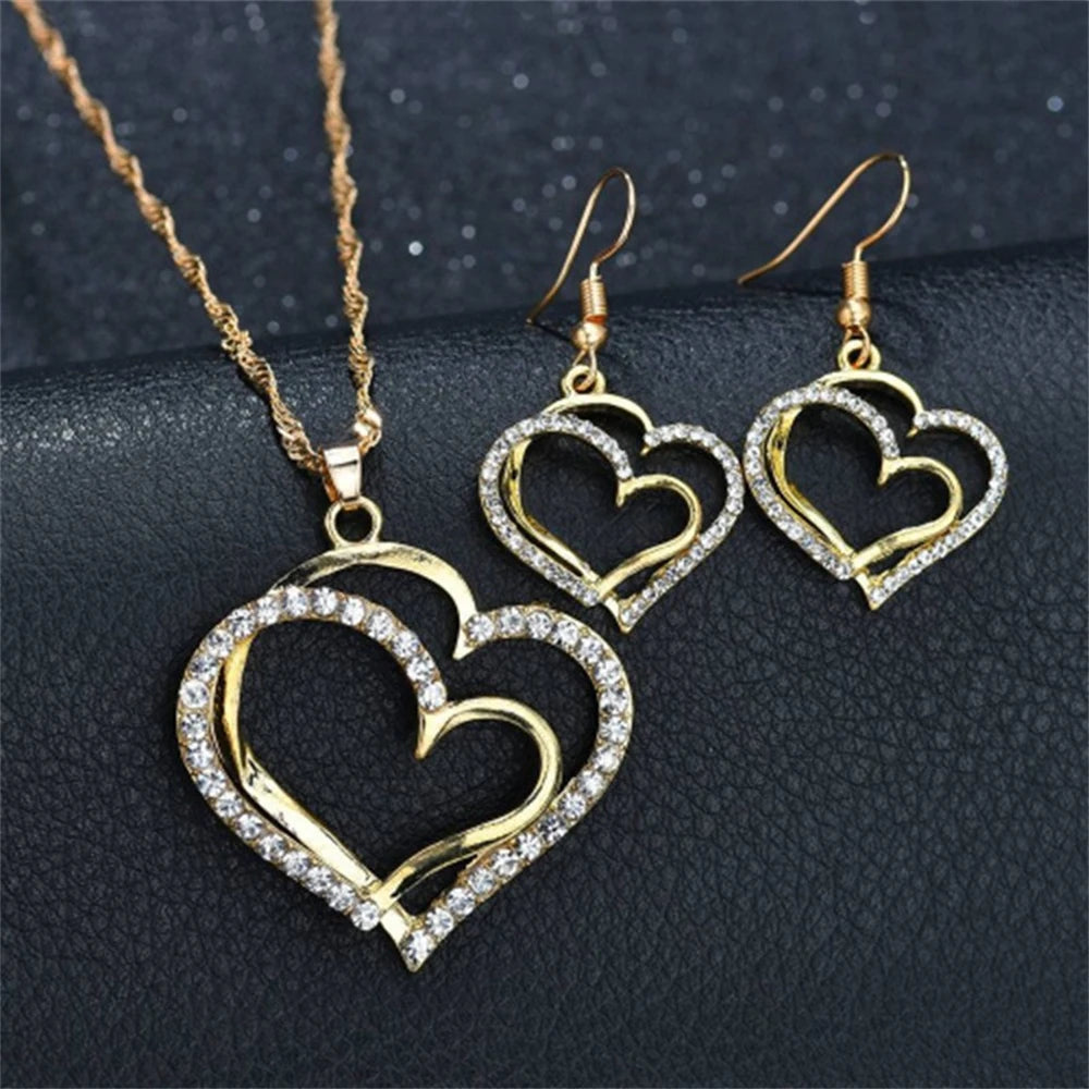 Double Heart Necklace Earrings Bracelet Jewellery Set