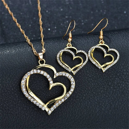 Double Heart Necklace Earrings Bracelet Jewellery Set