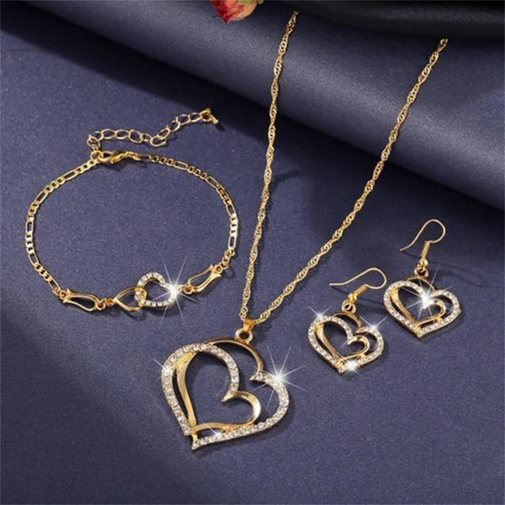 Double Heart Necklace Earrings Bracelet Jewellery Set