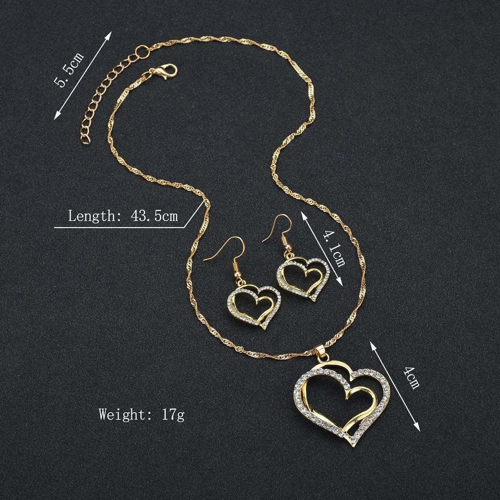 Double Heart Necklace Earrings Bracelet Jewellery Set