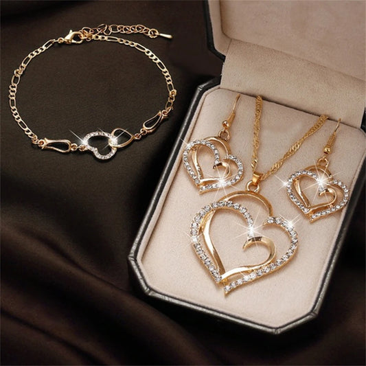 Double Heart Necklace Earrings Bracelet Jewellery Set