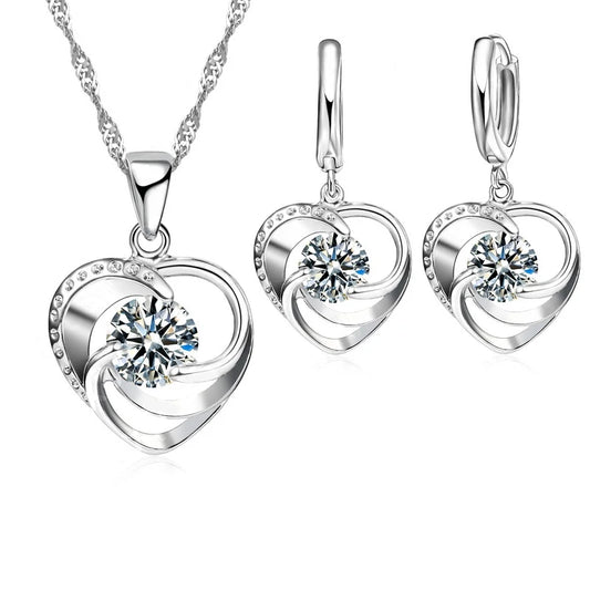 925 Sterling Silver Heart Necklace & Earrings Set