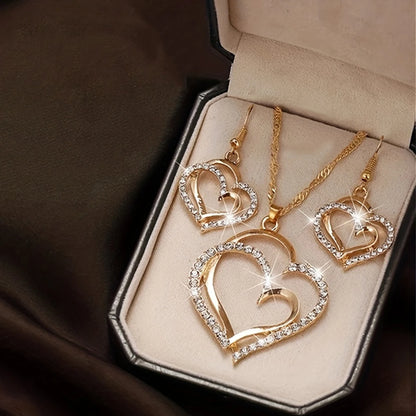 Double Heart Necklace Earrings Bracelet Jewellery Set