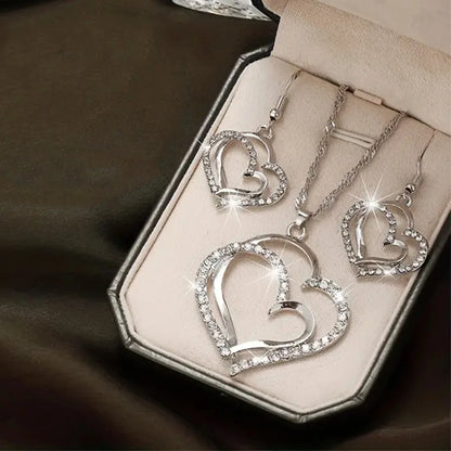 Double Heart Necklace Earrings Bracelet Jewellery Set