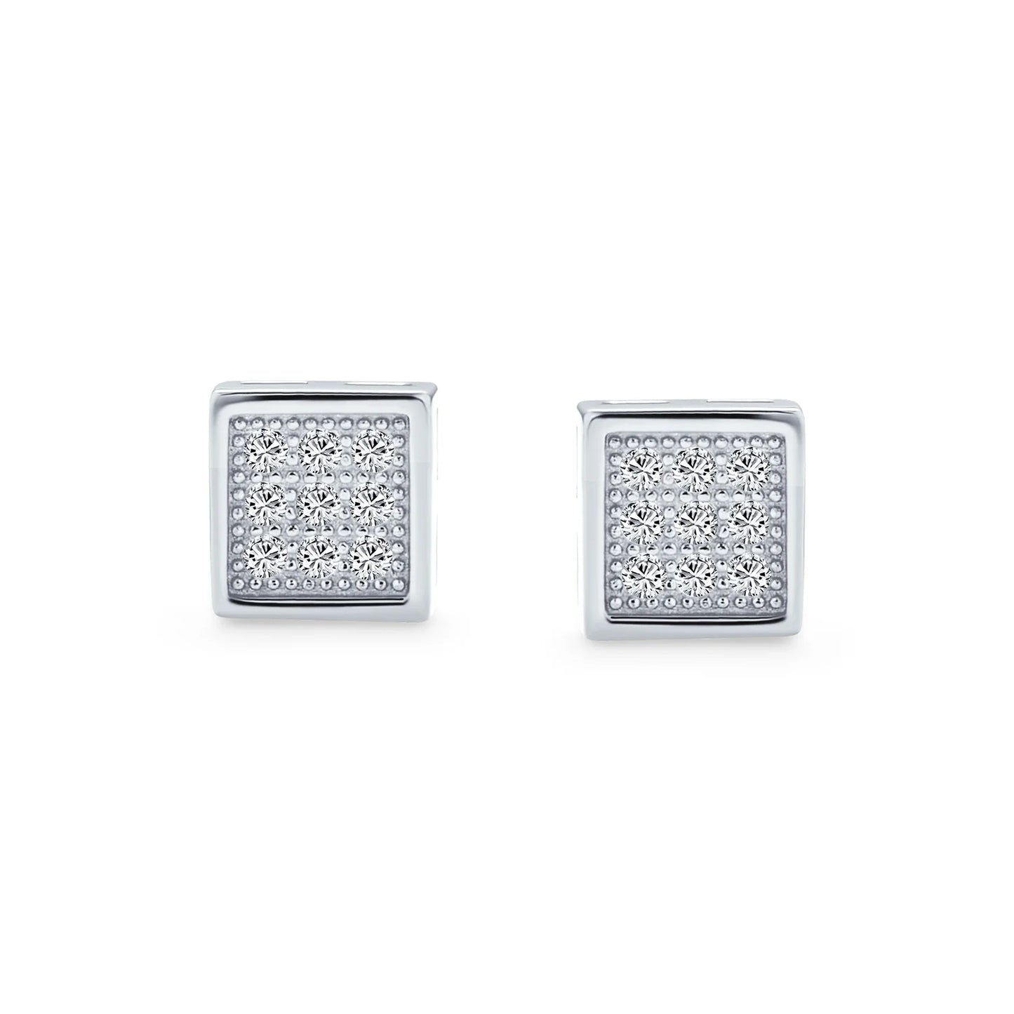 Mens Hip Hop Square CZ Stud Earrings for Men, Sterling Silver, 5-7 MM