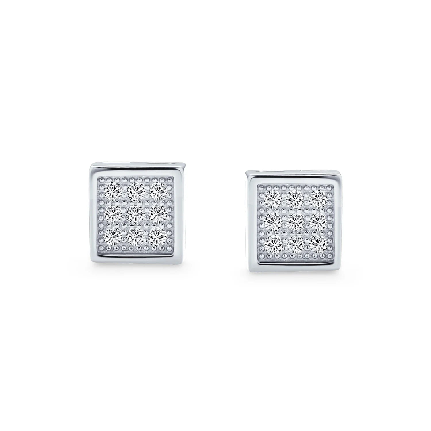 Mens Hip Hop Square CZ Stud Earrings for Men, Sterling Silver, 5-7 MM
